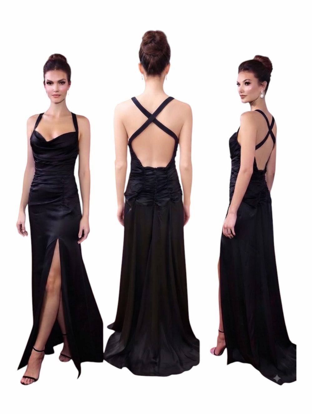 NWT For Love & Lemons Black Cowl Neck Ruched Cross-Back Slit Maxi Dress Size M